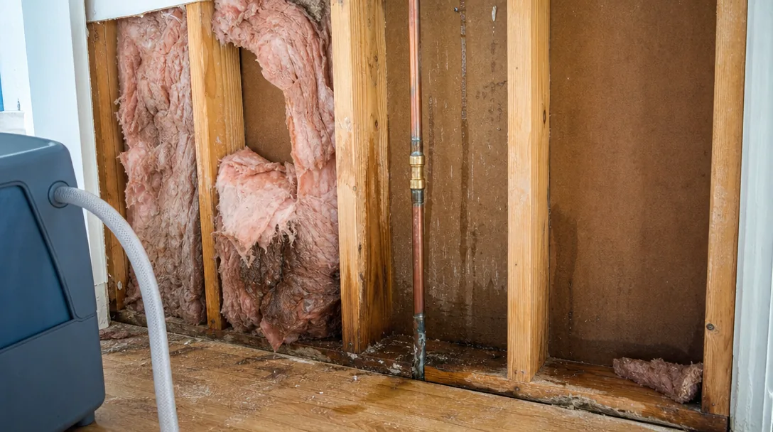 Burst pipe water damage inside a wall cavity