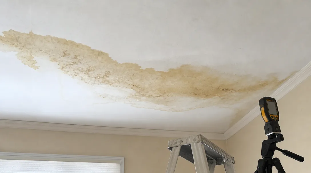 Water stain on a residential ceiling being inspected