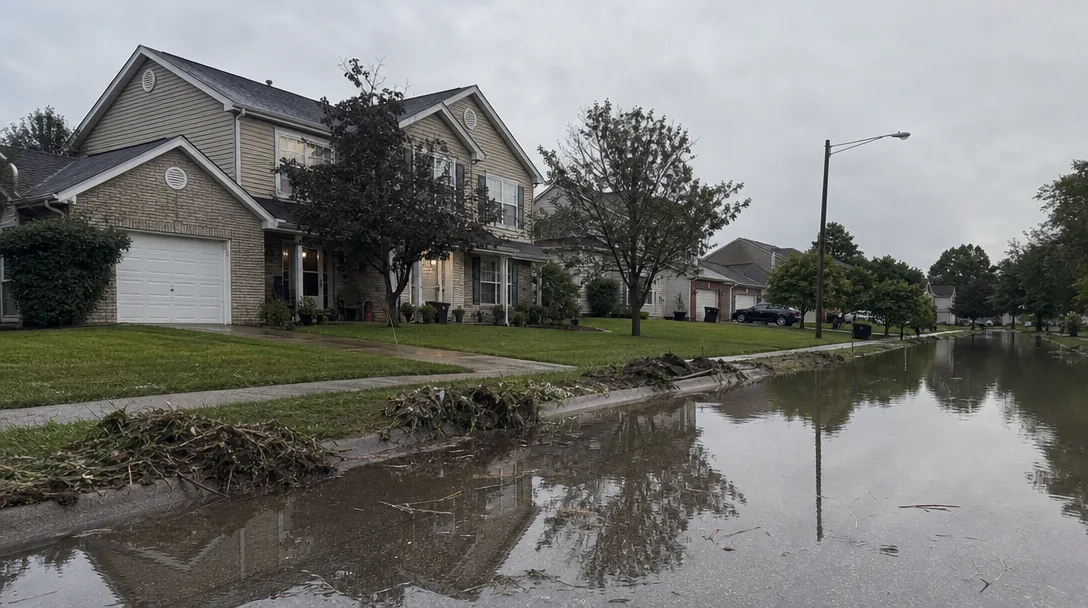 Flooded residential street after a storm in Westchester