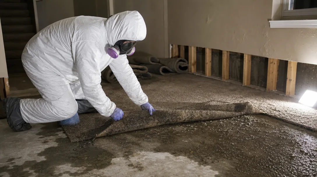 Technician in protective equipment cleaning a sewage backup